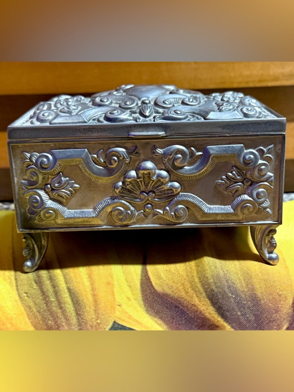 Vintage Art Nouveau Style Silver Plated Jewerly Box Trinket Box Blue Velvet - Picture 7 of 15